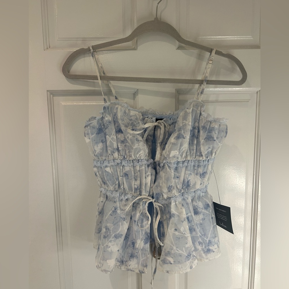Lulu's Light Blue and White Lace Trim Top